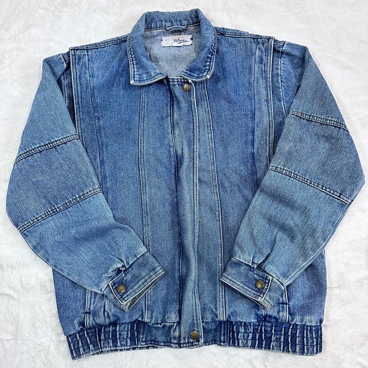 Vintage Weathered Blues Denim Bomber Jean Jacket Women's Size Medium