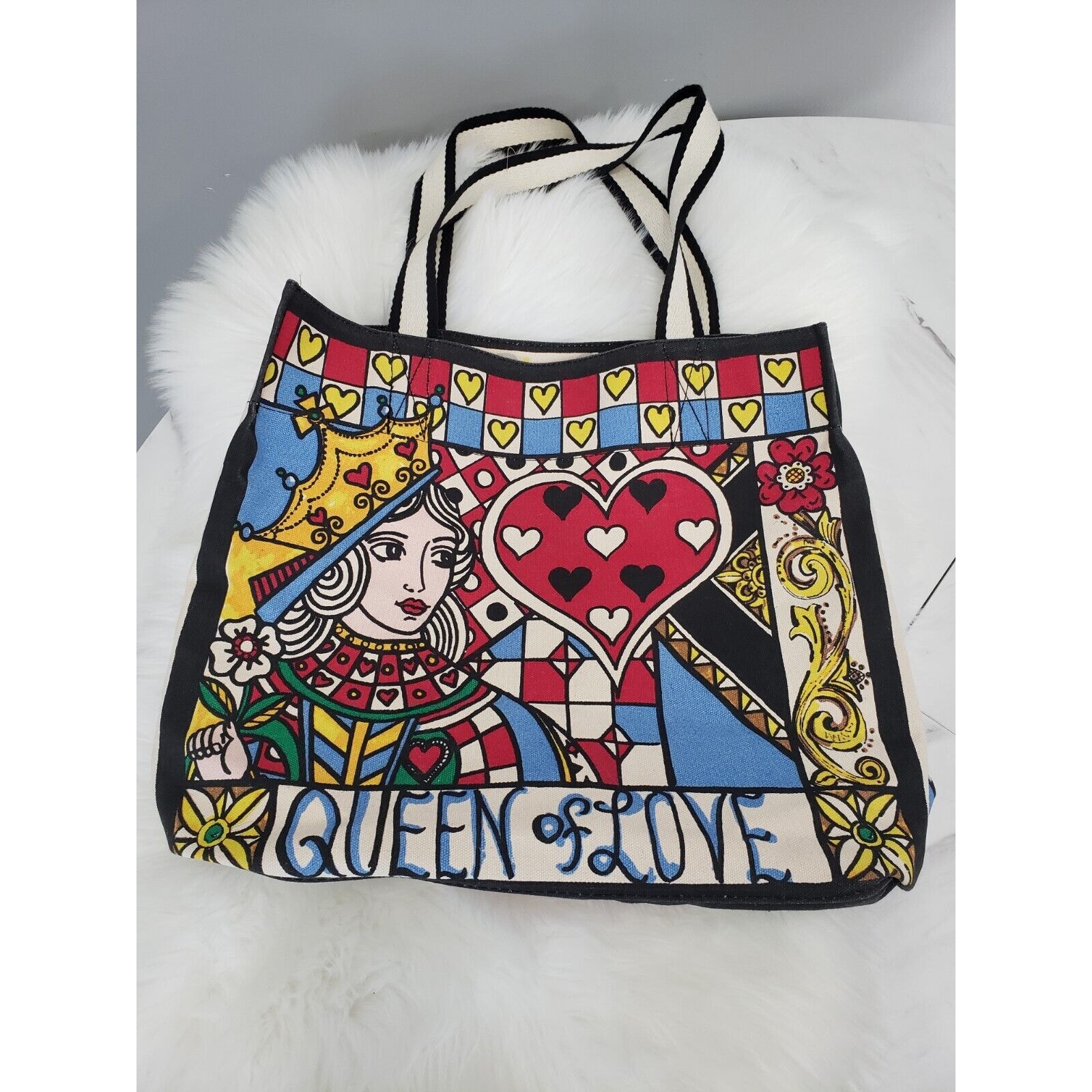 NWT Brighton Queen Of Love Canvas Tote Bag Queen Of Hearts Playing Card Red Blue