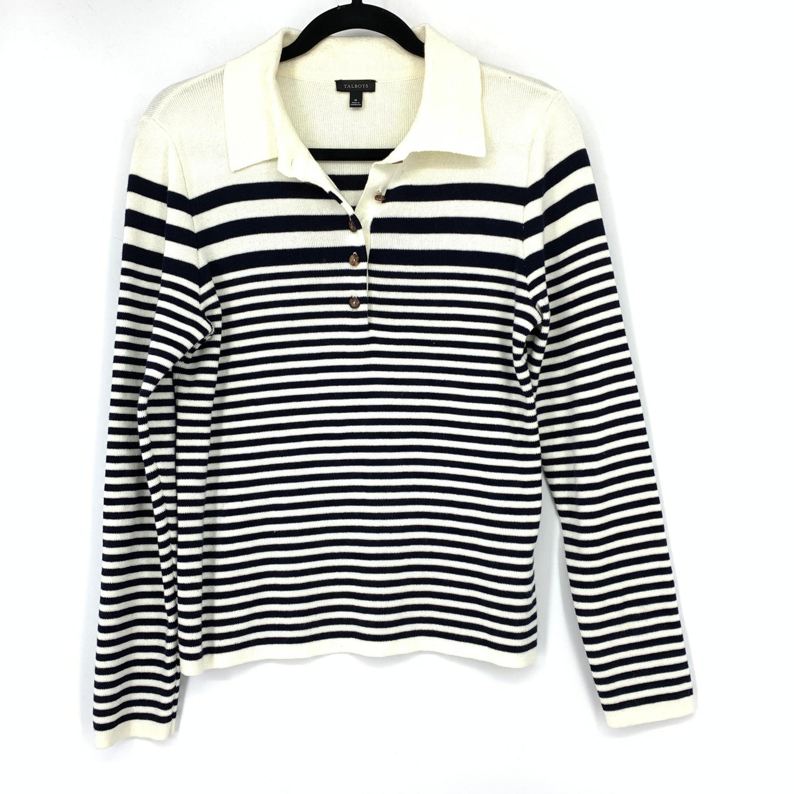 Talbots Pullover Collared Sweater Womens Size Medium Cream Navy Striped