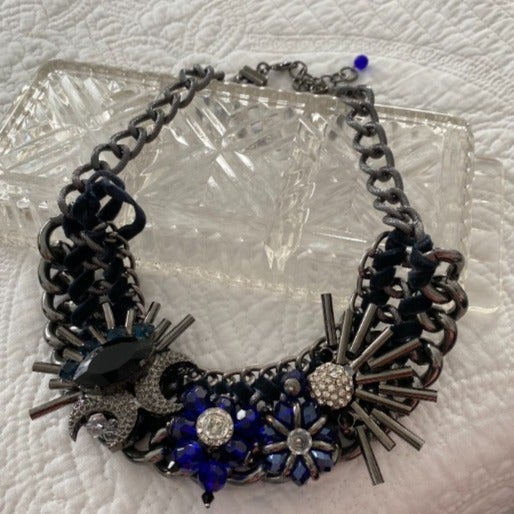 Vintage Fashion Artsy Large Statement Metal & Rhinestone Necklace