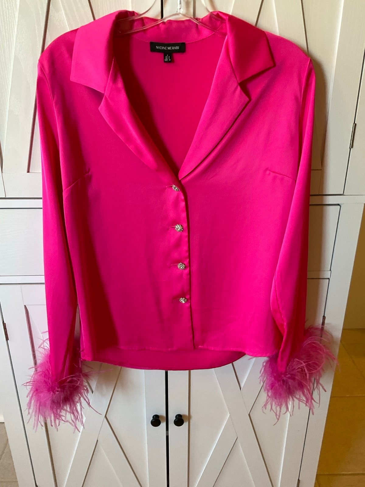 Nadine Merabi Hot Pink Taylor blouse silk feather sz. Small worn 1X like New