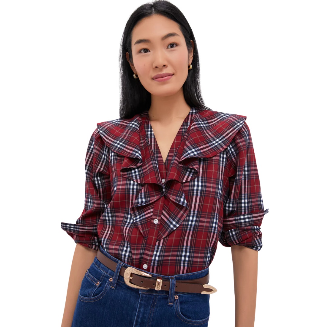 Tuckernuck Top Womens Large Red Eileen Plaid V-Neck Ruffle Button Down Shirt
