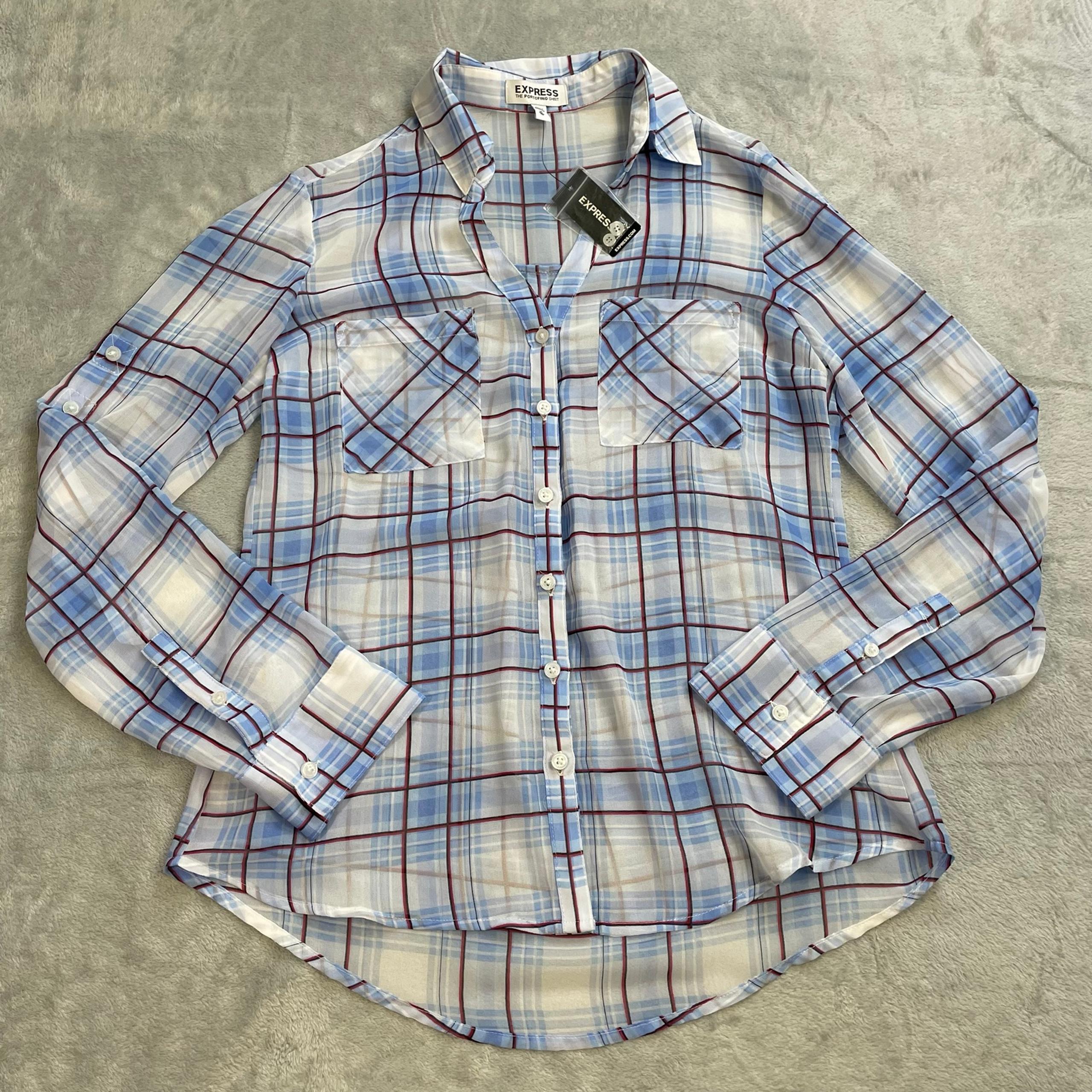 Express Portofino Shirt XS Womens NWT Sheer Plaid Roll Tab Office Career