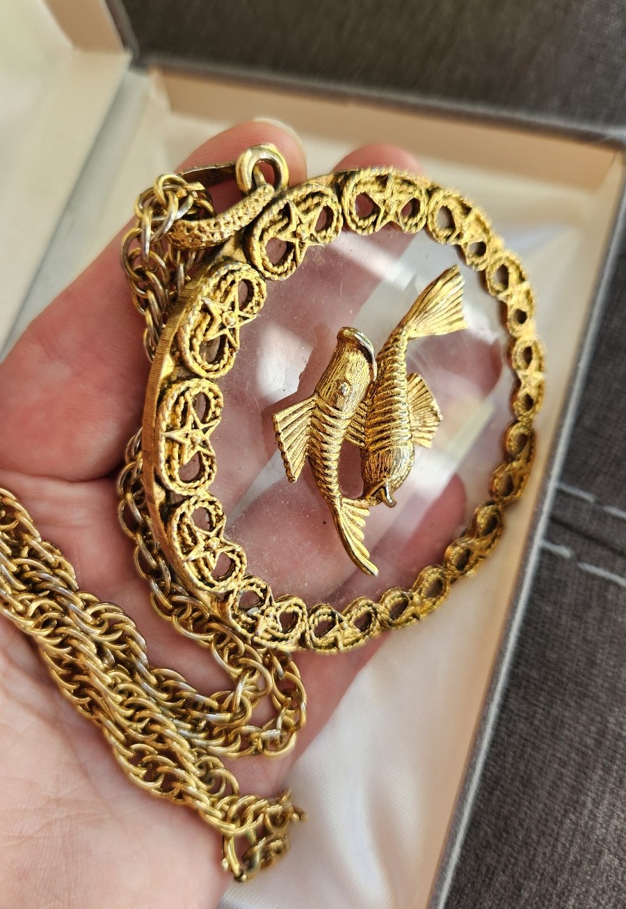 Vintage Giant Lucite Pisces Fish Lucite Medallion Necklace