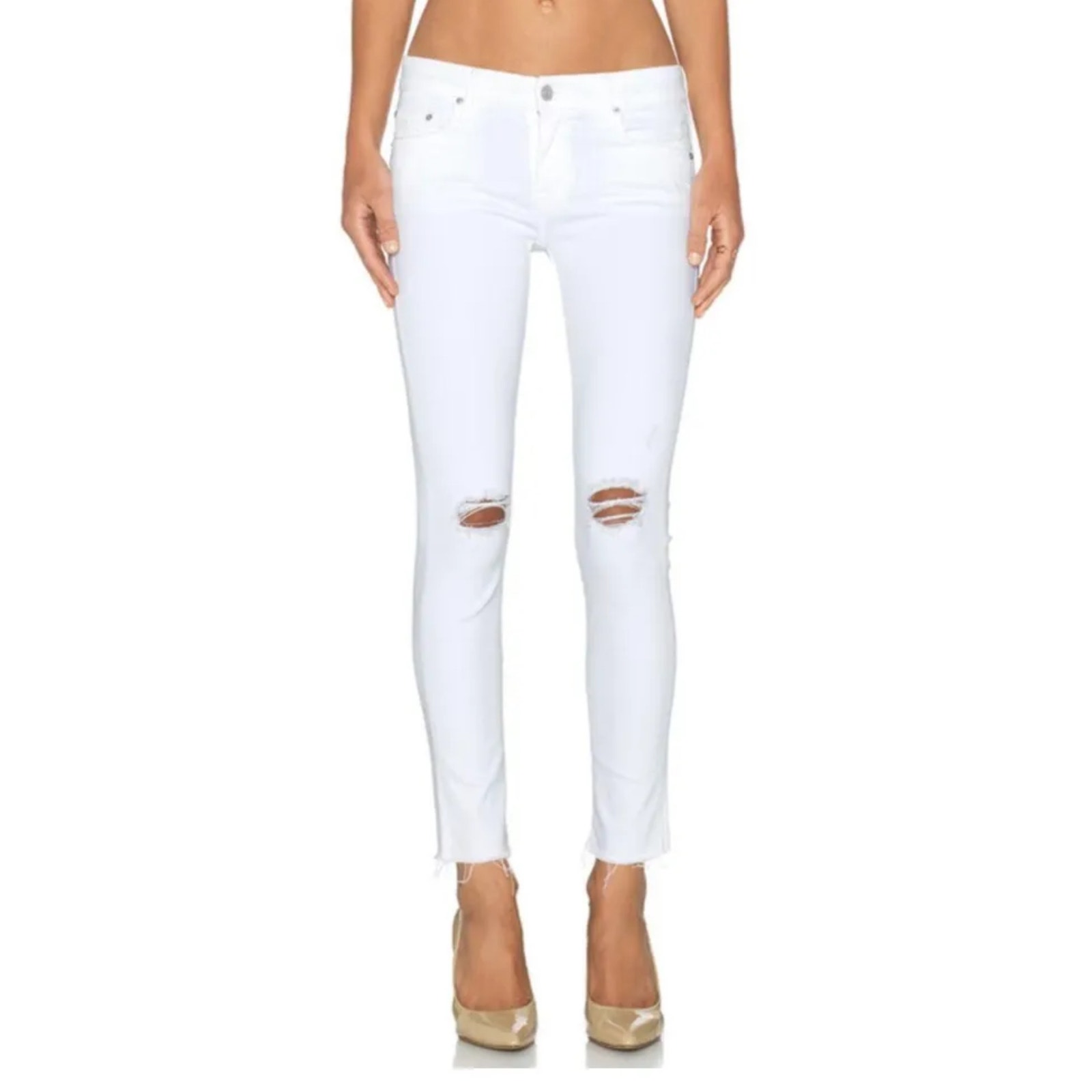 MOTHER Sz 27 Looker Ankle Fray Little Miss Innocent Slim Distress White Jeans
