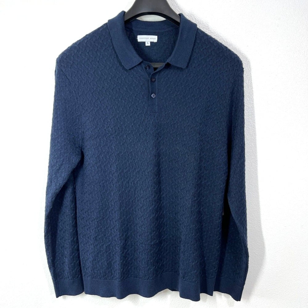 Geoffrey Beene Knit Polo Sweater Mens Large Navy Long Sleeve 1/4 Buttons Collard
