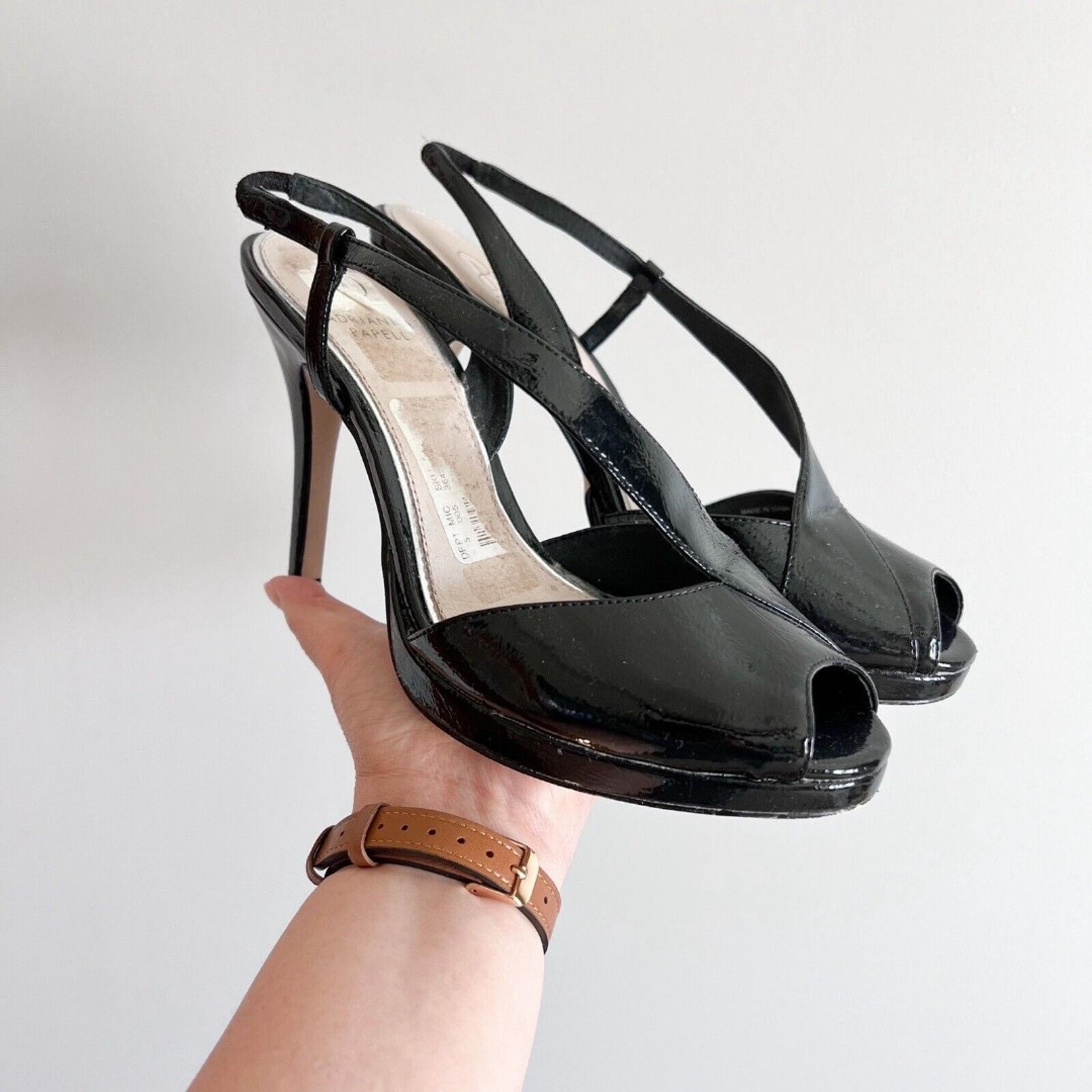 Adrianna Papell Black Patent Leather Slingback Heels Peep Toe 8M