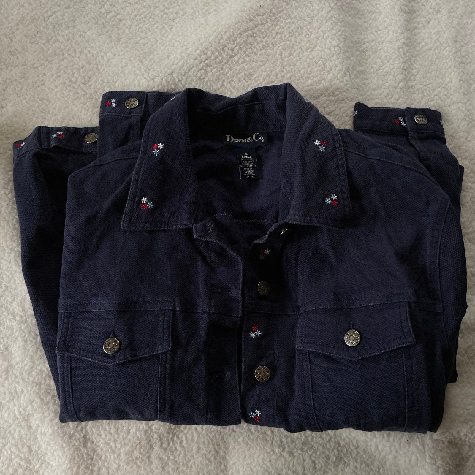 Denim & Co Navy Blue Jean Jacket Embroidered Flowers Red White Blue Patriotic 1X