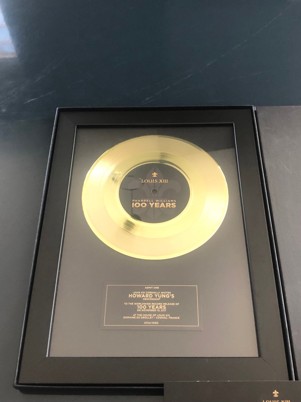 Pharrell Williams 100 Year Song Louis XIII LIMITED Invitation Gold Plaque RARE