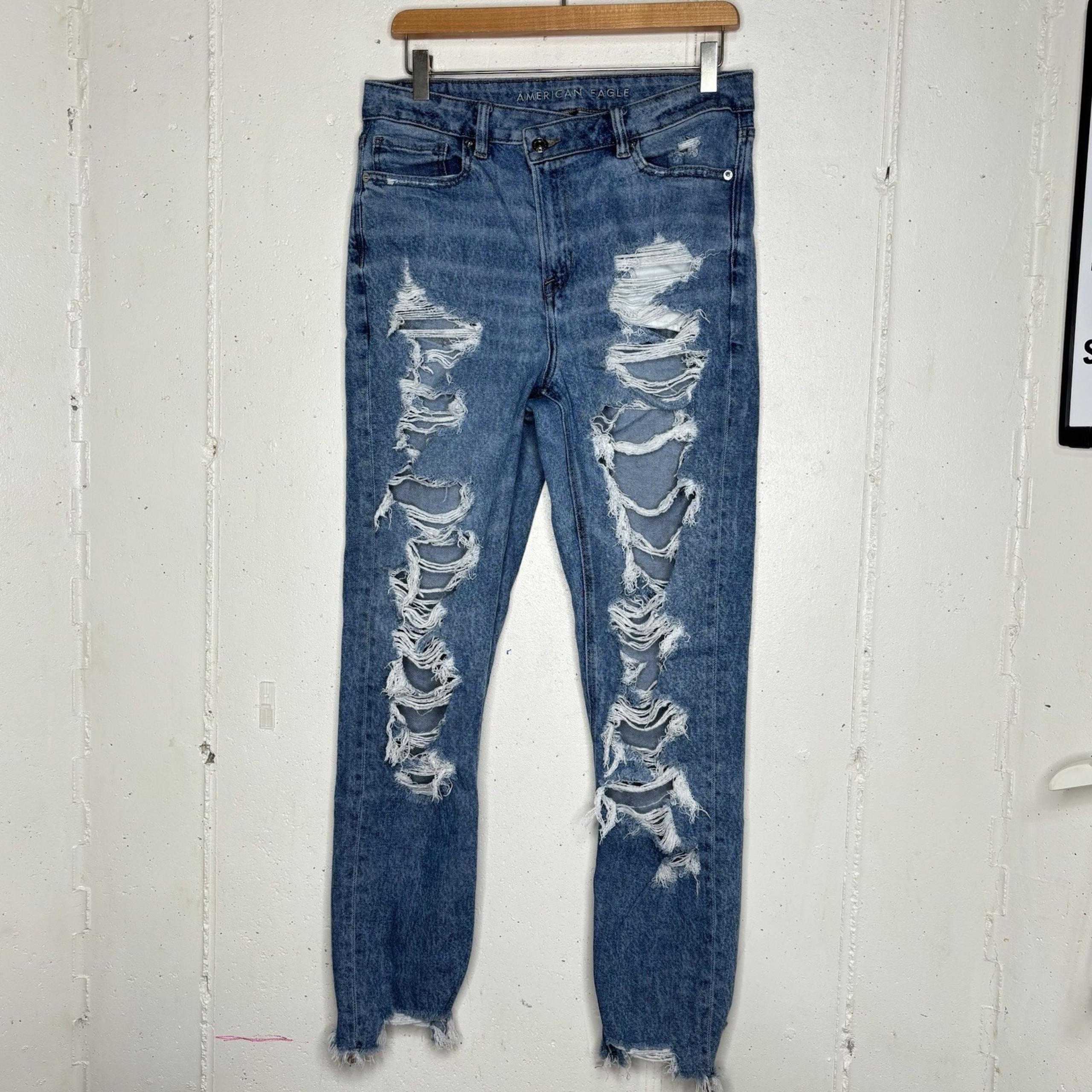 American Eagle Women's 10 Long Highest Rise Mom Blue Jeans Ripped Raw Hem Grunge