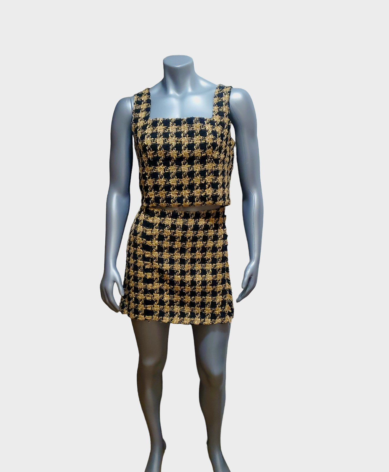 House of Harlow 1960 Tan/Black Houndstooth Tweed Crop Top & Skirt Set Size L NWT