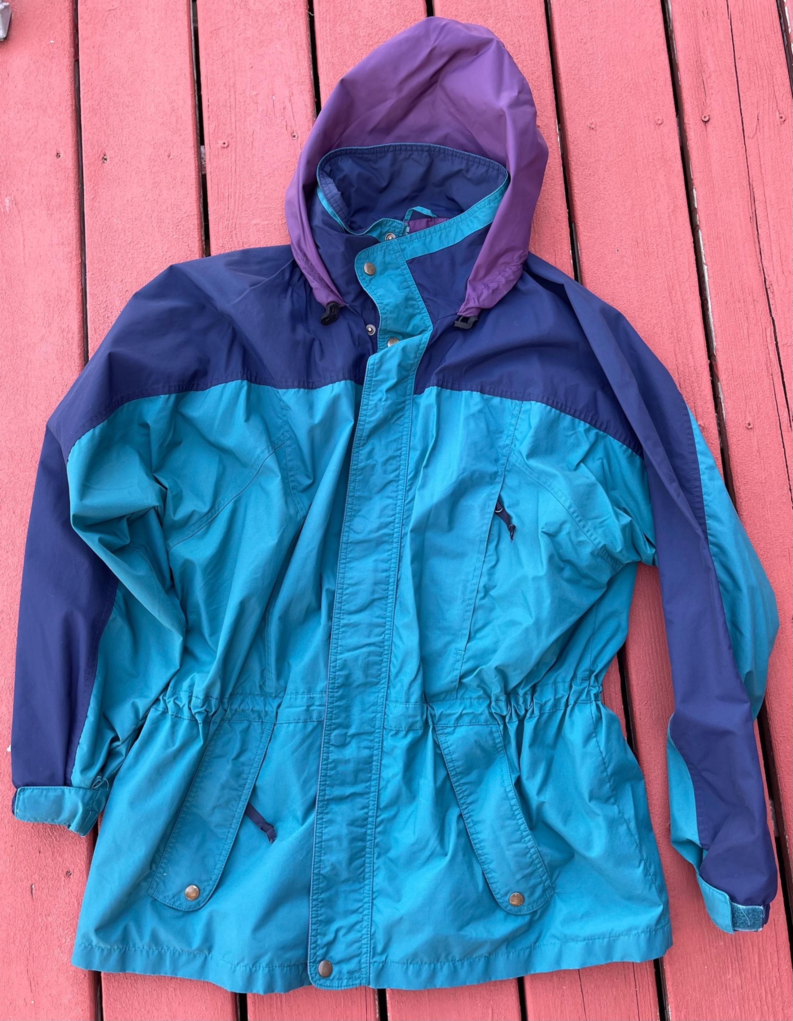 Lands’ End Purple Blue And Teal Rain Jacket Hood Zipper Mens XL Pre-owned