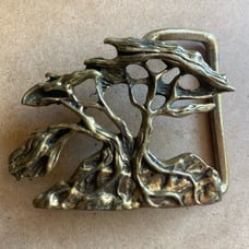 Vintage 70s Solid Brass Brutalist Belt Buckle, Acacia Tree of Life, Signed Omega