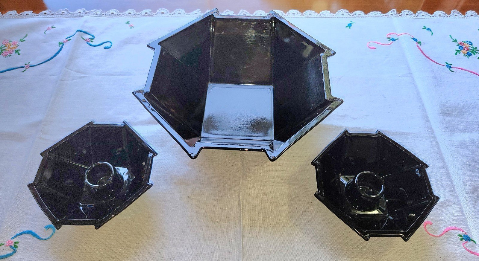 Fostoria, George Sakier Designed Geometric ArtDeco Bowl, Candleholders