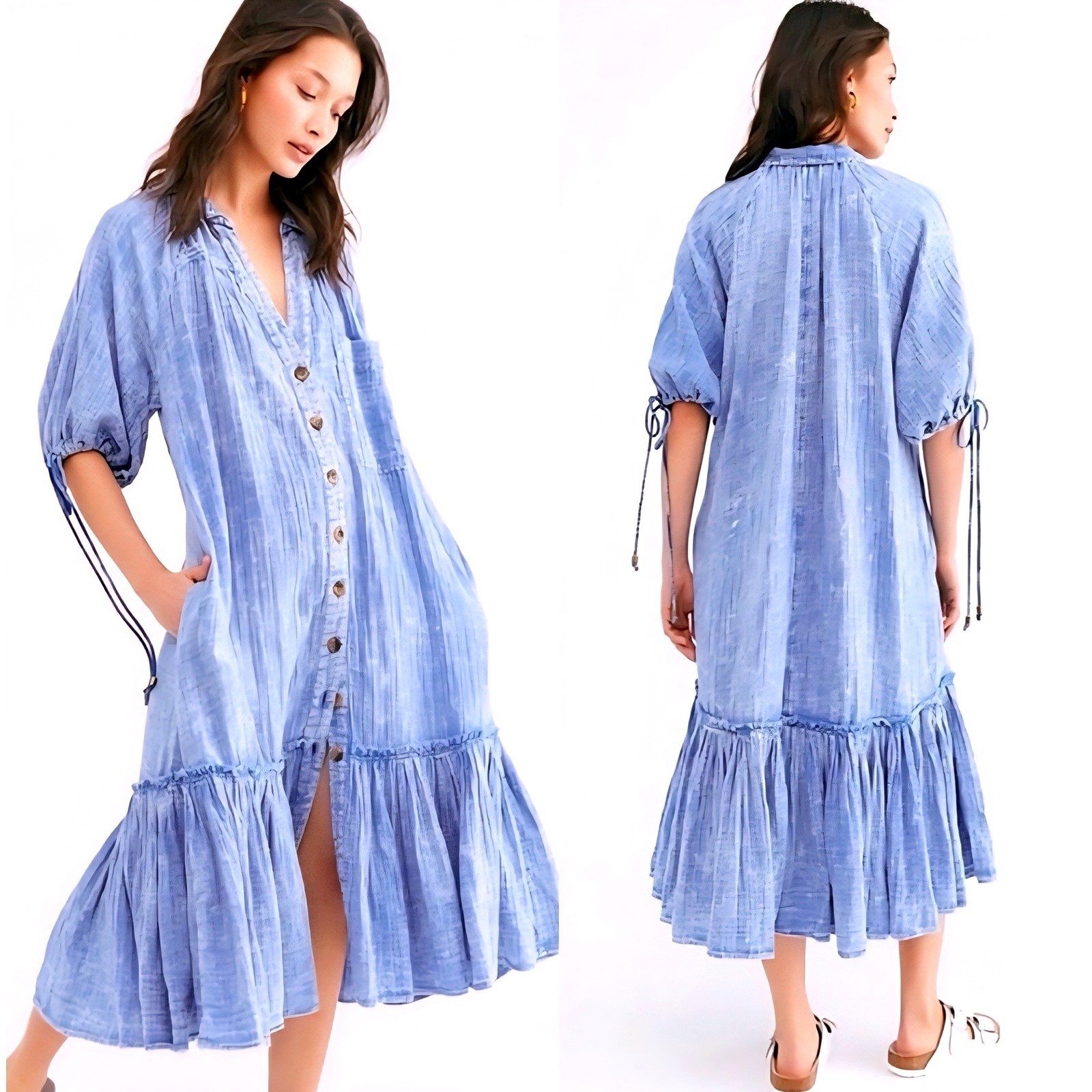Free People Maya Midi Shirtdress Women's Size S Ruffled Smocked