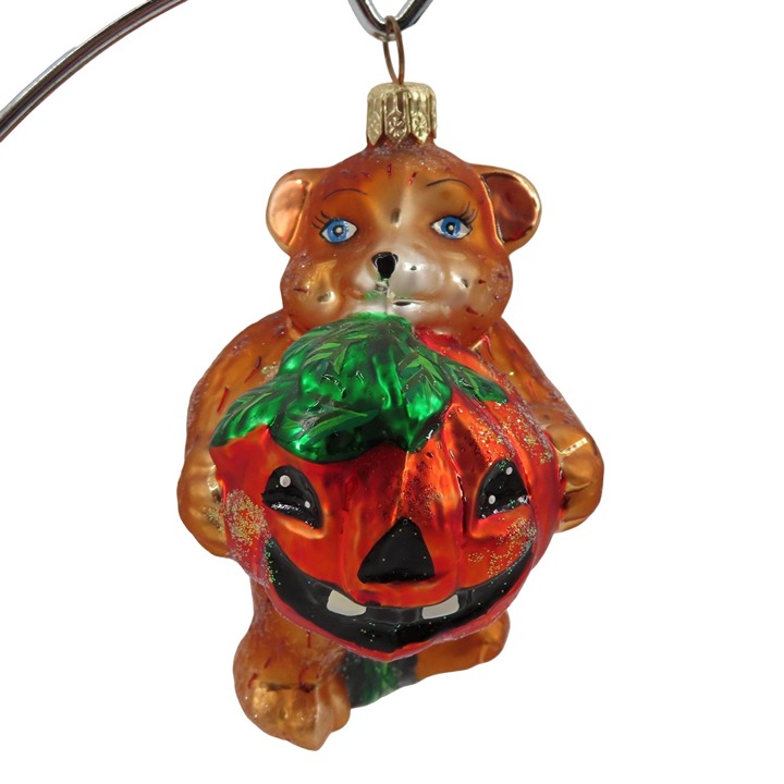 Christopher Radko Punkin Prize Teddy Bear Jack O Lantern Pumpkin Glass Ornament