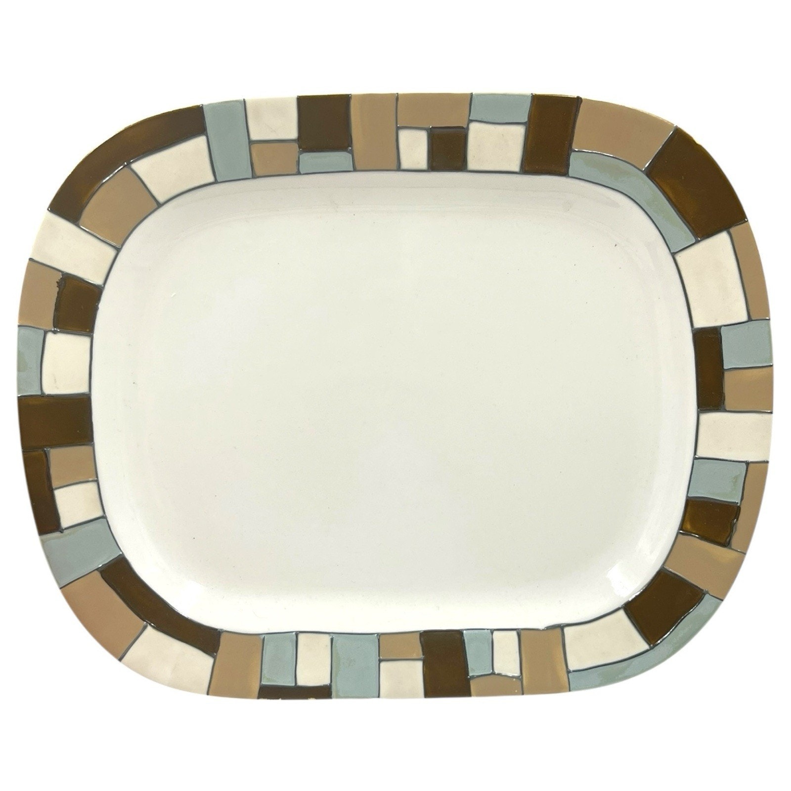 NATE BERKUS INDOCHINE CERAMIC 15” SERVING PLATTER AQUA TAN BROWN BEIGE VGUC