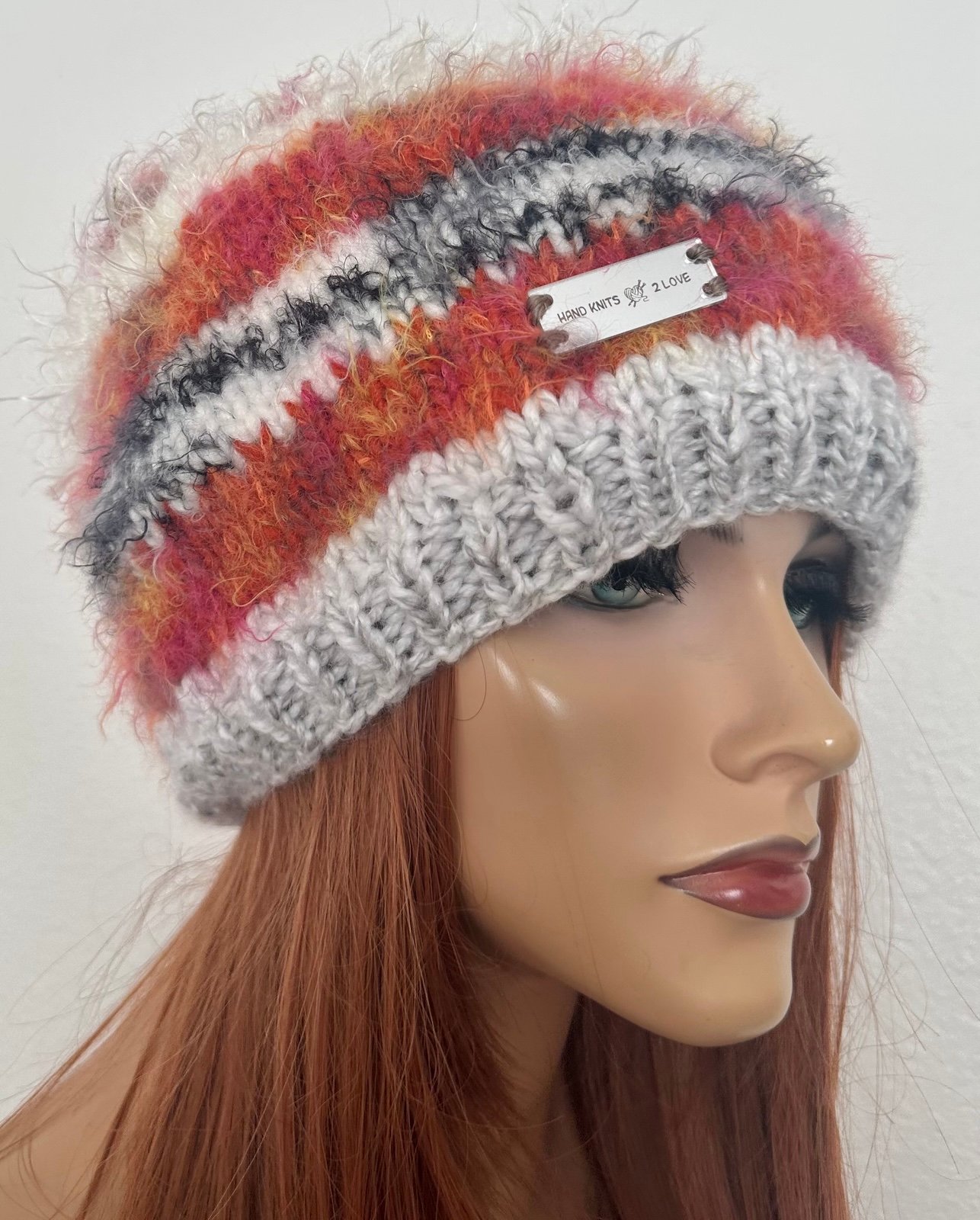 Hand Knits 2 Love Beanie Slouch Hat Designer Faux Fur Pom Pom Stripes Soft Warm