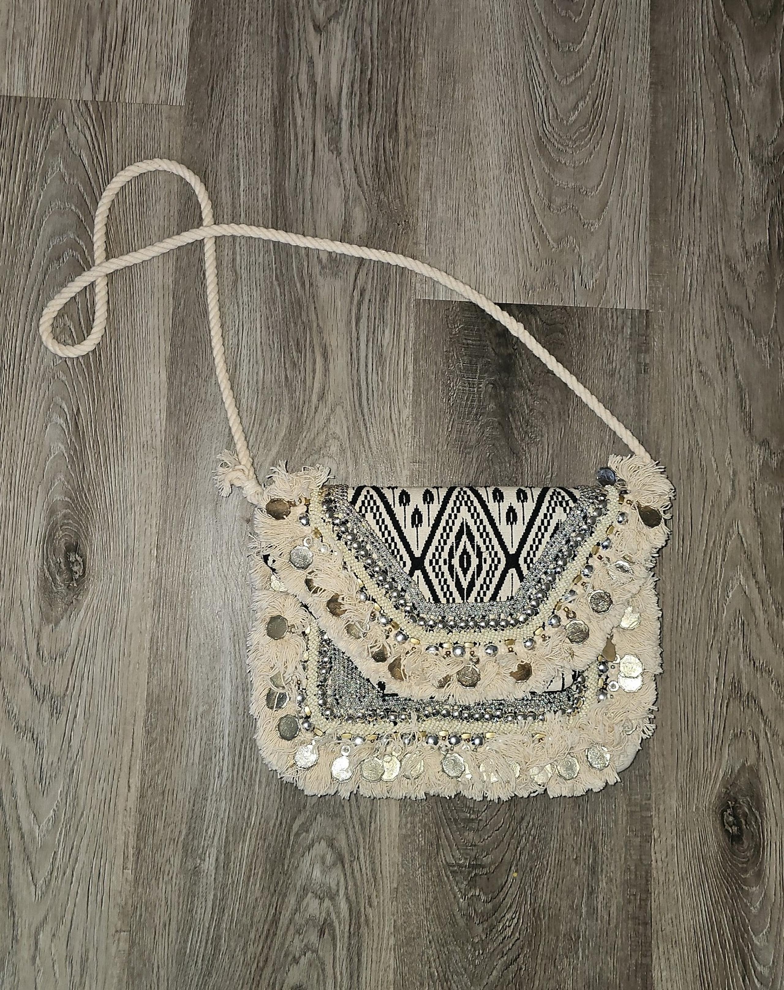 Aztek Boho Cream Black Crossbody Purse - Antik Kraft