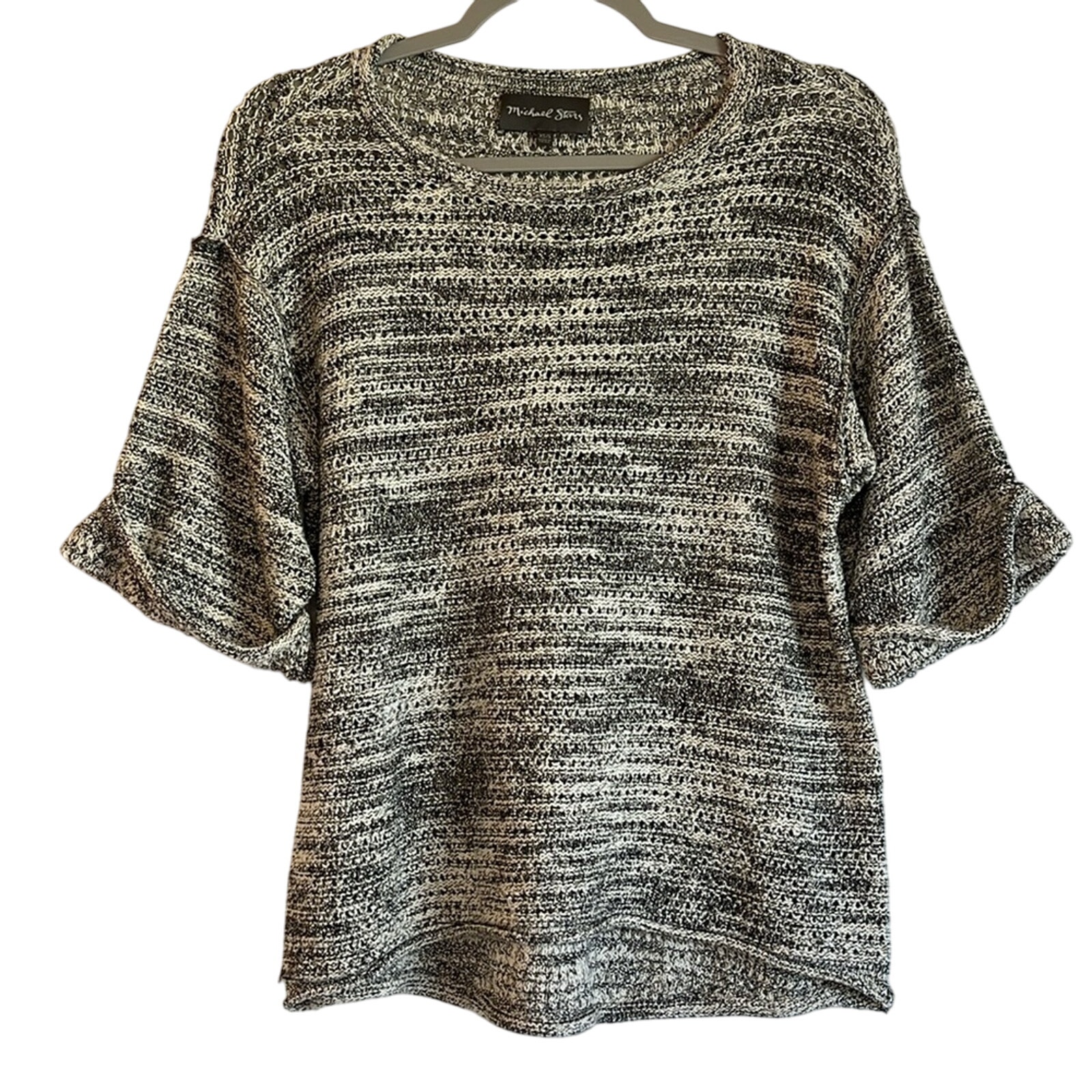 Michael Stars Open Knit Short Sleeve Sweater Size XS/S Black Cream Marled Boho