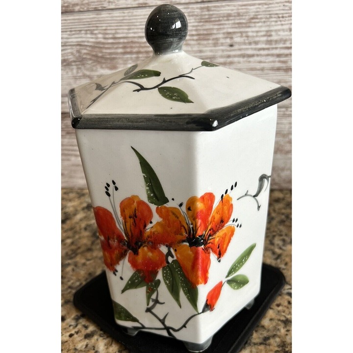 6 Sided Footed Floral Jar W/Lid Made In Italy
