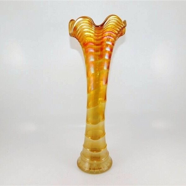 1212/2587 Vintage Imperial Marigold Ripple Body Ruffled Edge 12in Glass Vase