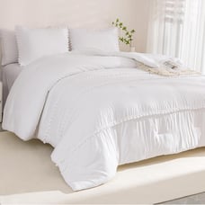 White queen size comforter set 3 piece boho pom pom