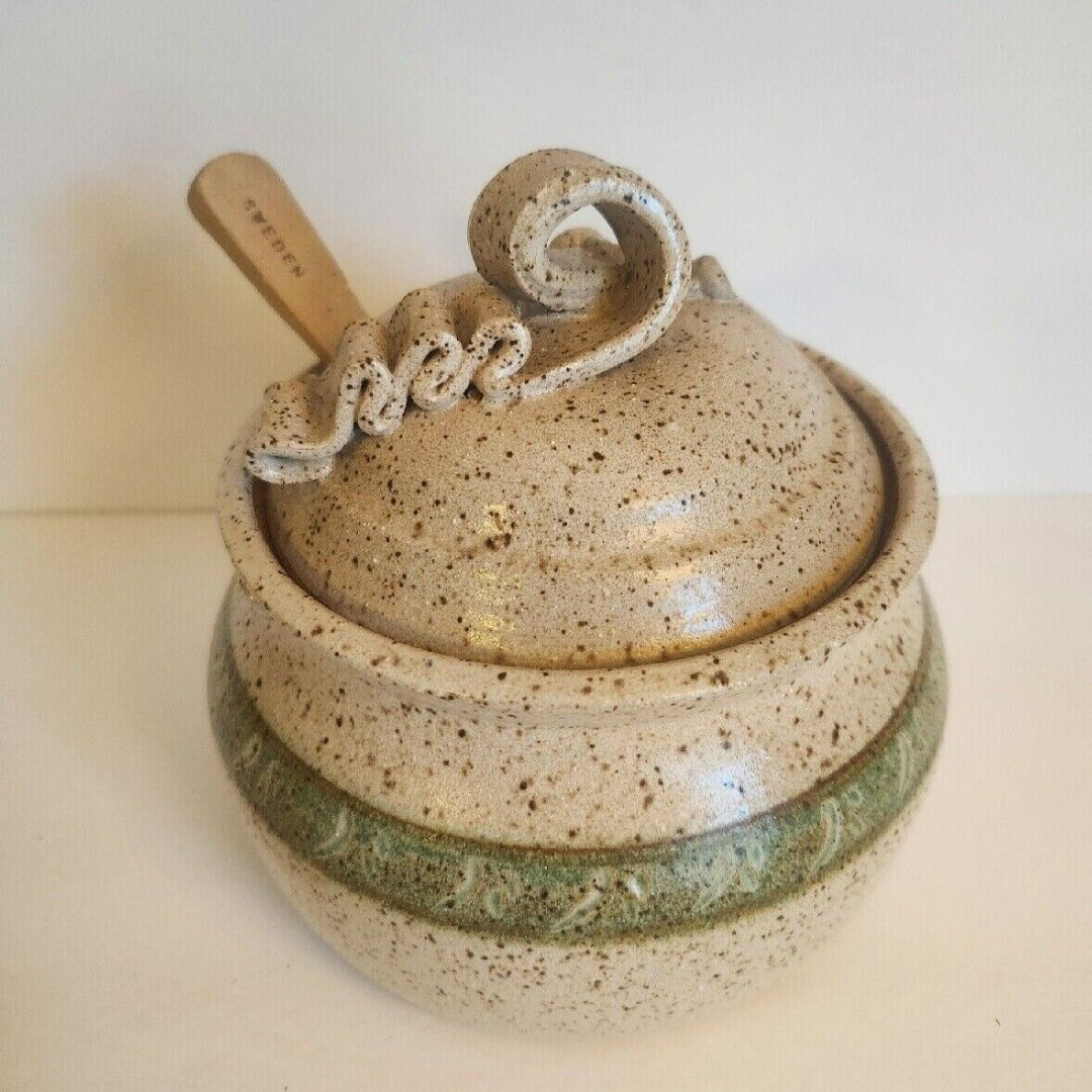 Studio Art Pottery Pot with Lid Artist Signed With Wooden Spoon 5 1/2 Tall