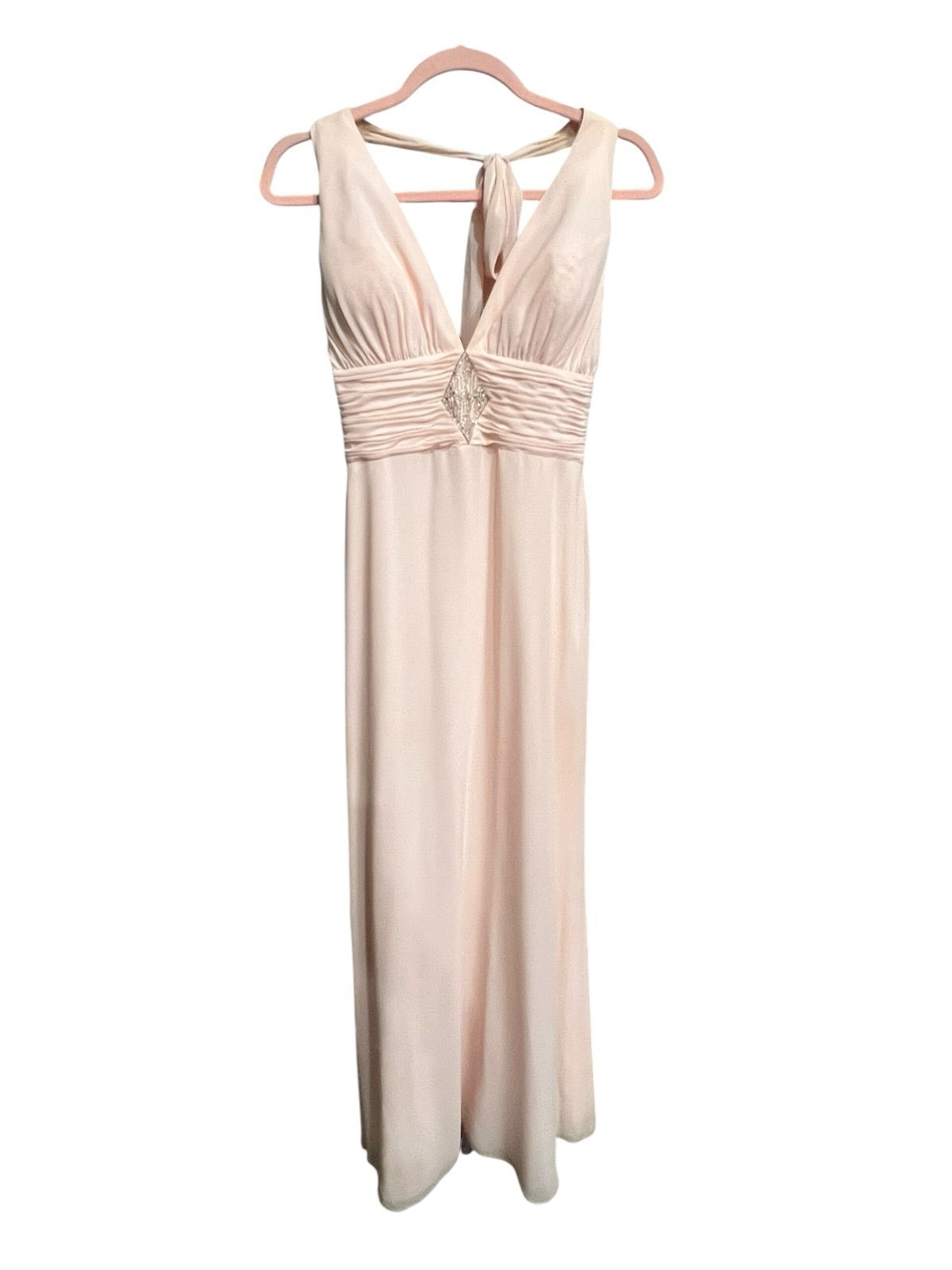 Stunning light pink blush halter dress with beaded detailing.