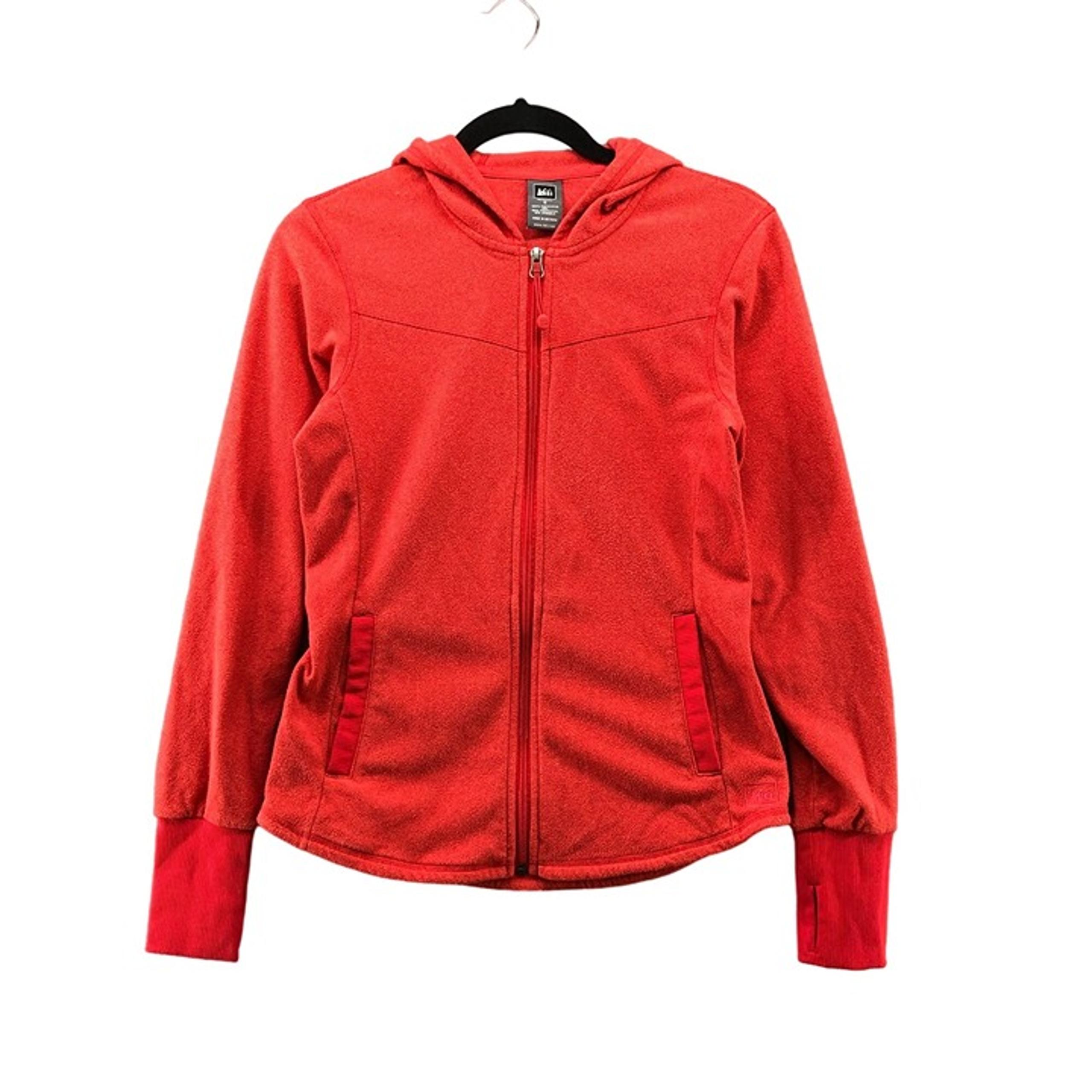REI Fleece Jacket Womens S Zip Hoodie Red Thumbholes Outdoor Athletic