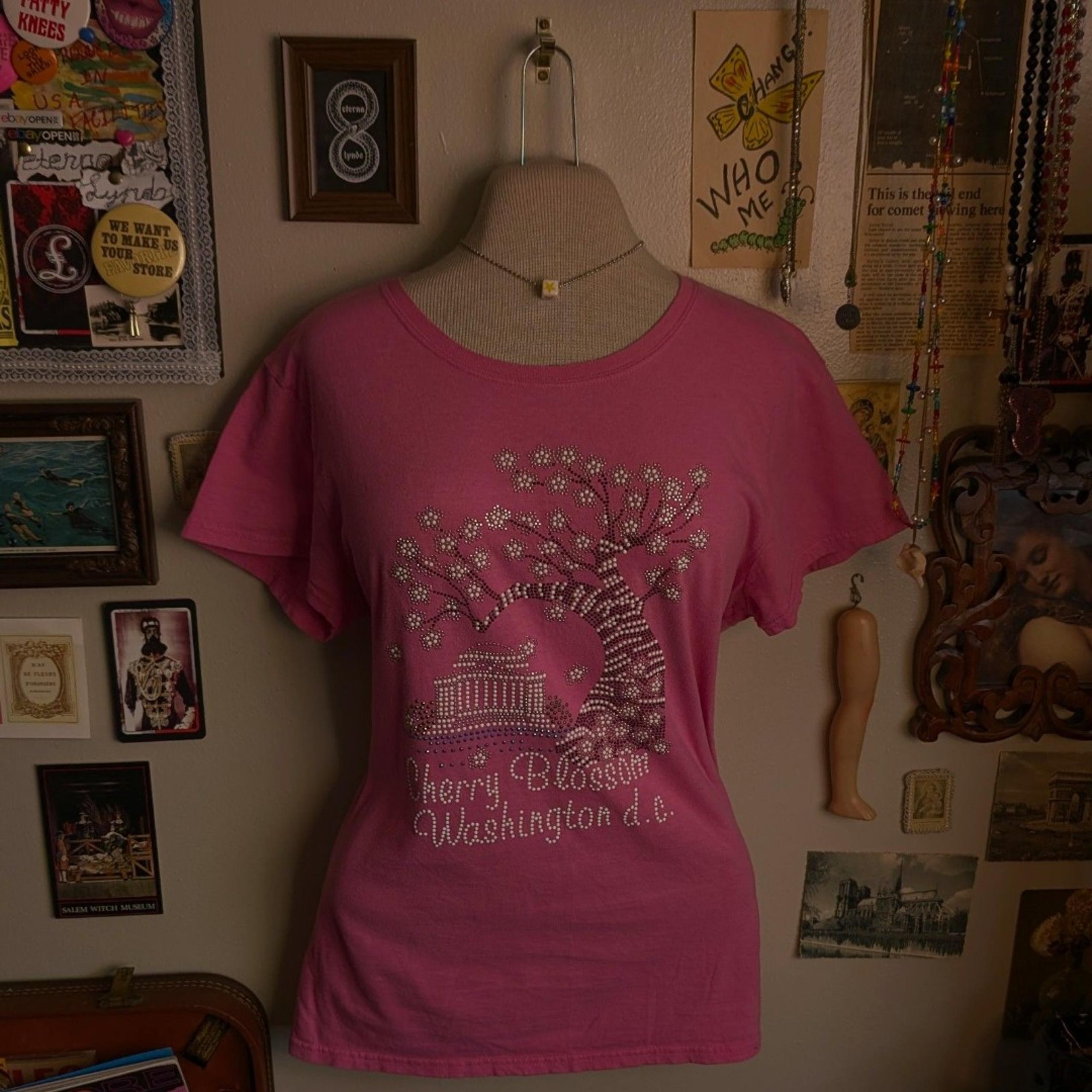 Y2K Sparkly Washington State T-Shirt Women's XL Pink Cherry Blossom DC Graphic