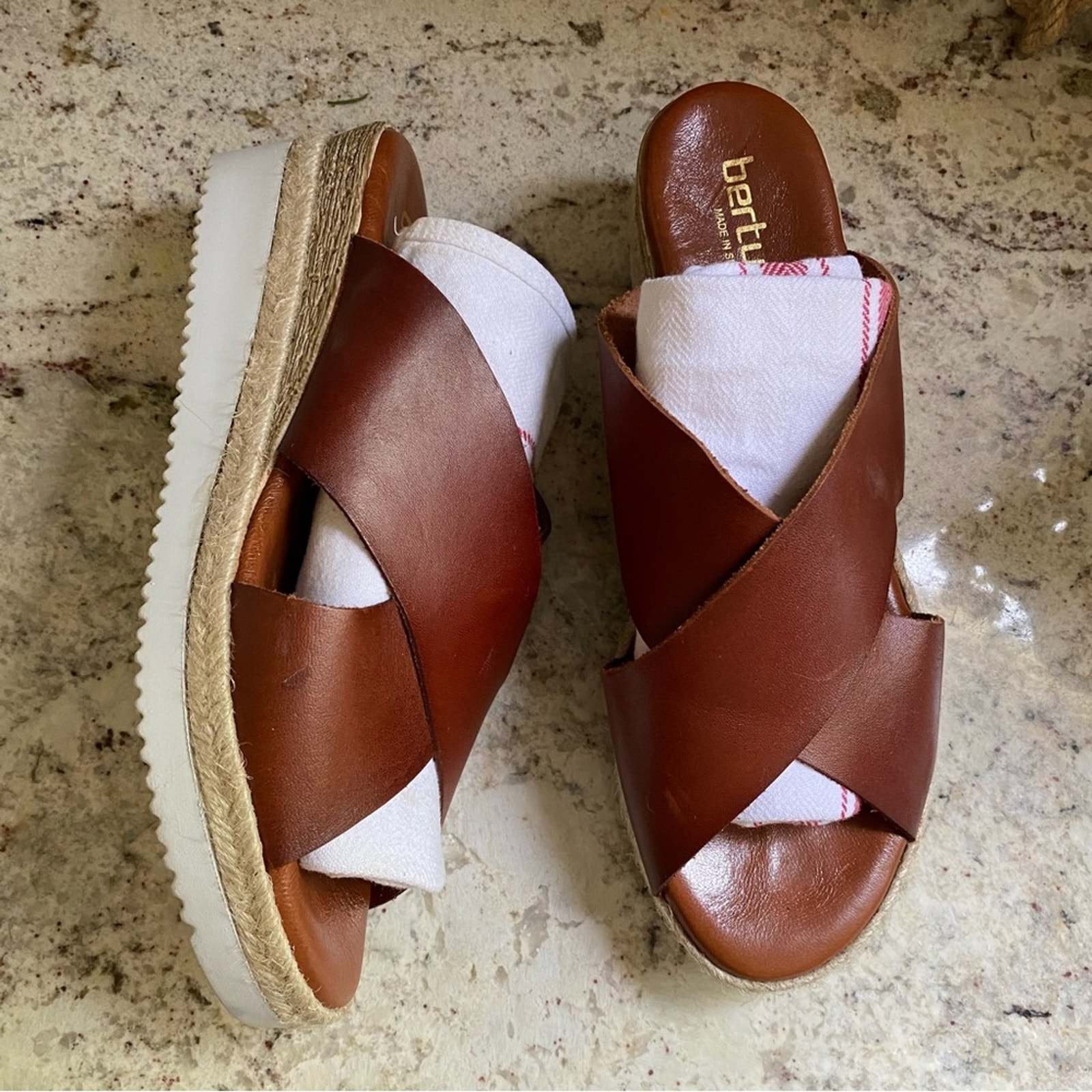 Bertuchi Slip On Brown Leather Slide Sandals Wedge Spain Size 41 US 9.5
