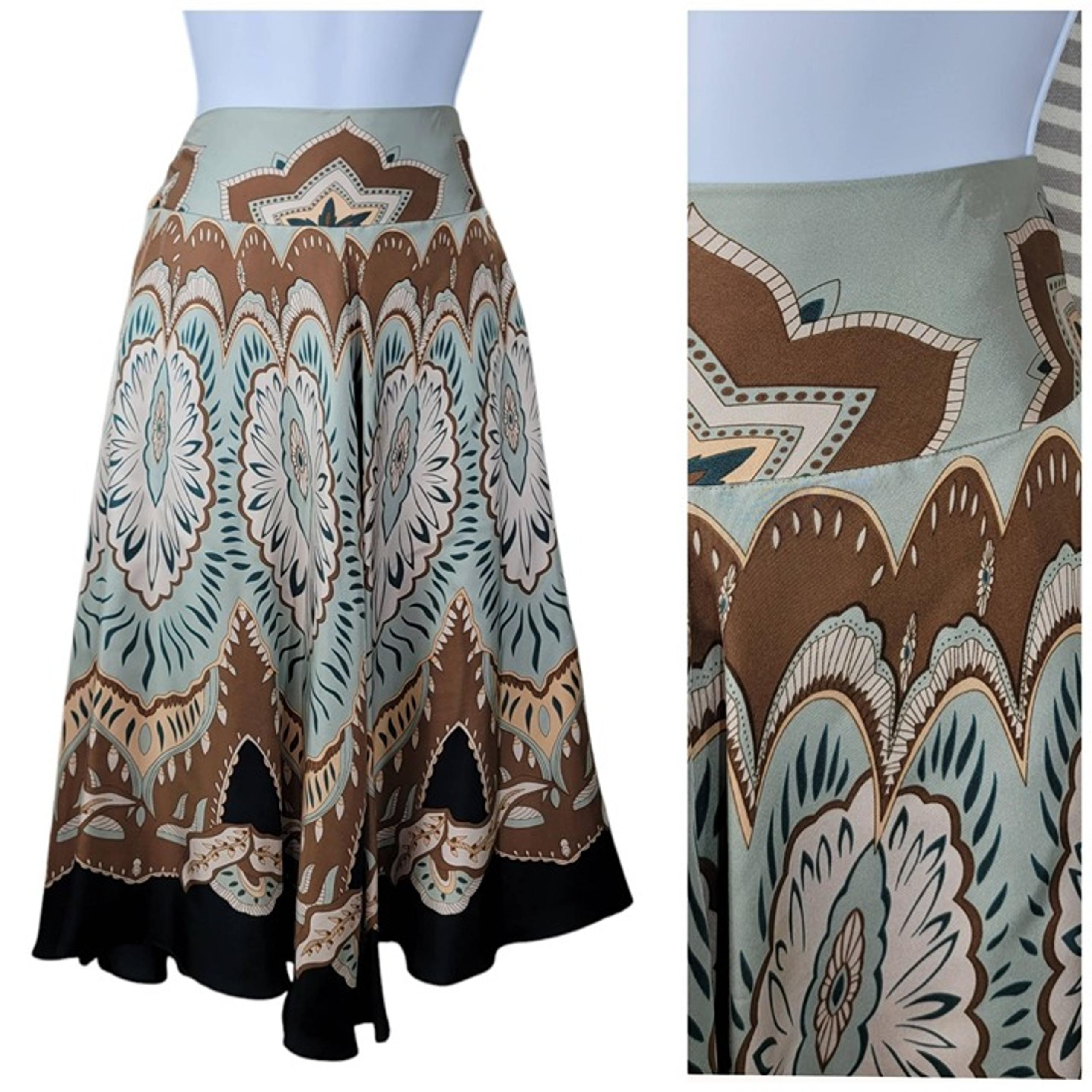 Coldwater Creek Skirt Medium A Line Midi 100% Silk Lined Boho Flare Blue Brown