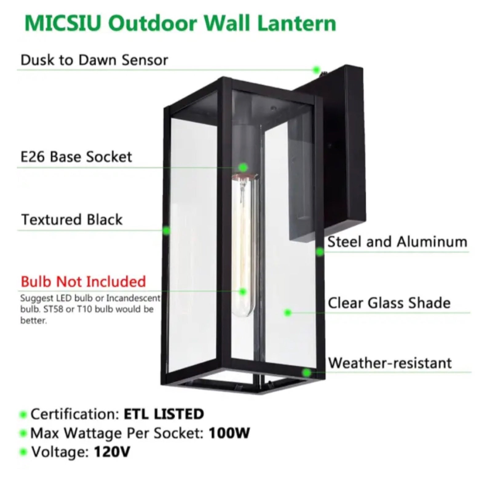 Matte Black Metal Dusk to Dawn Wall Lantern Sconce Porch Garage Patio Light