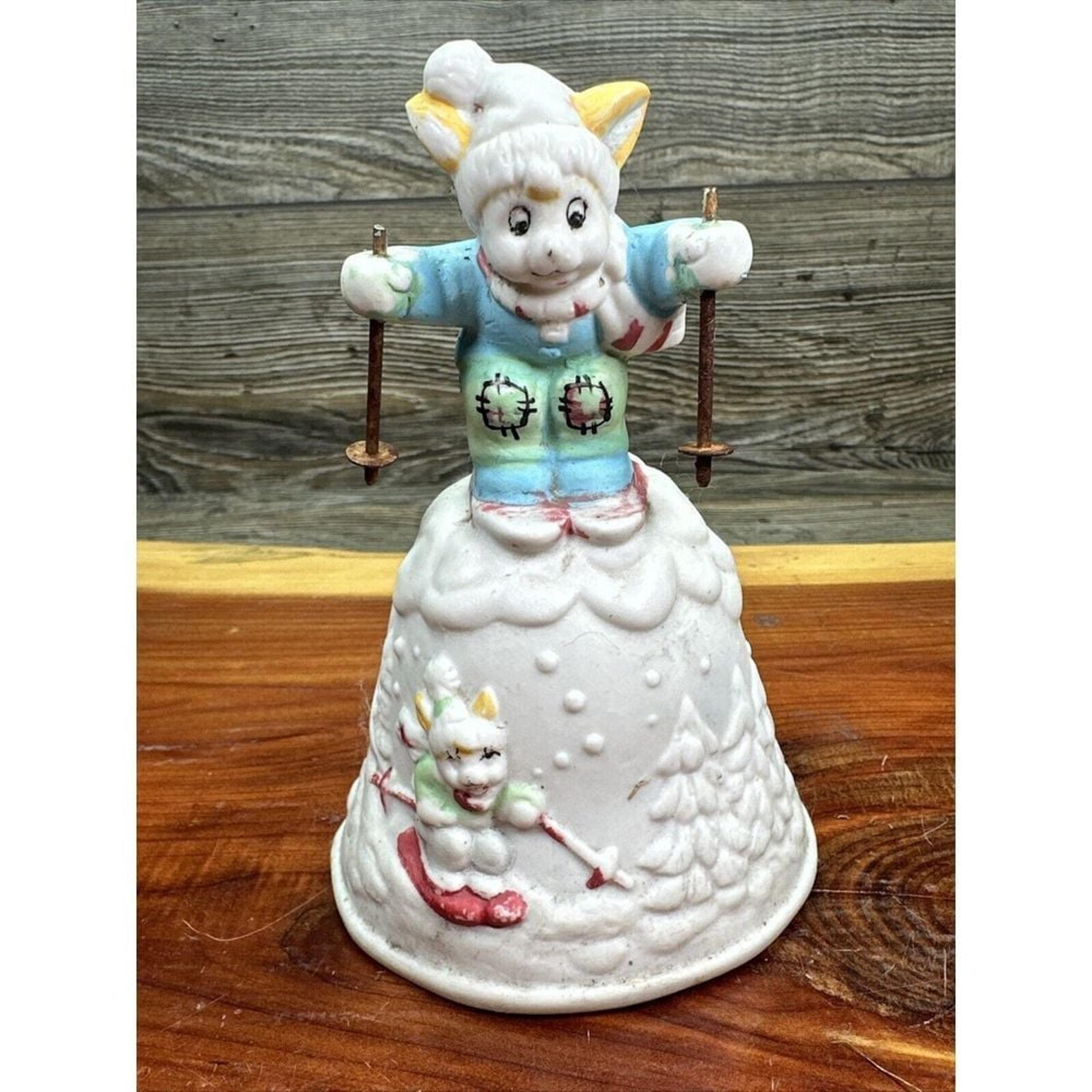 Teddy Bear On Snow Skis bell blue and white 5'' tall