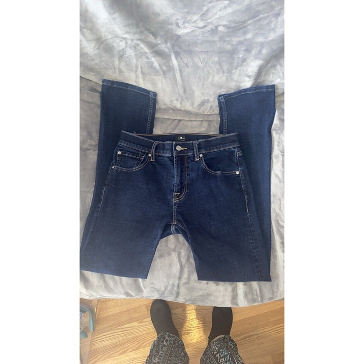 7 For All Mankind Blue Jeans Women's 30W Dark Wash Stretch Denim Straight Leg