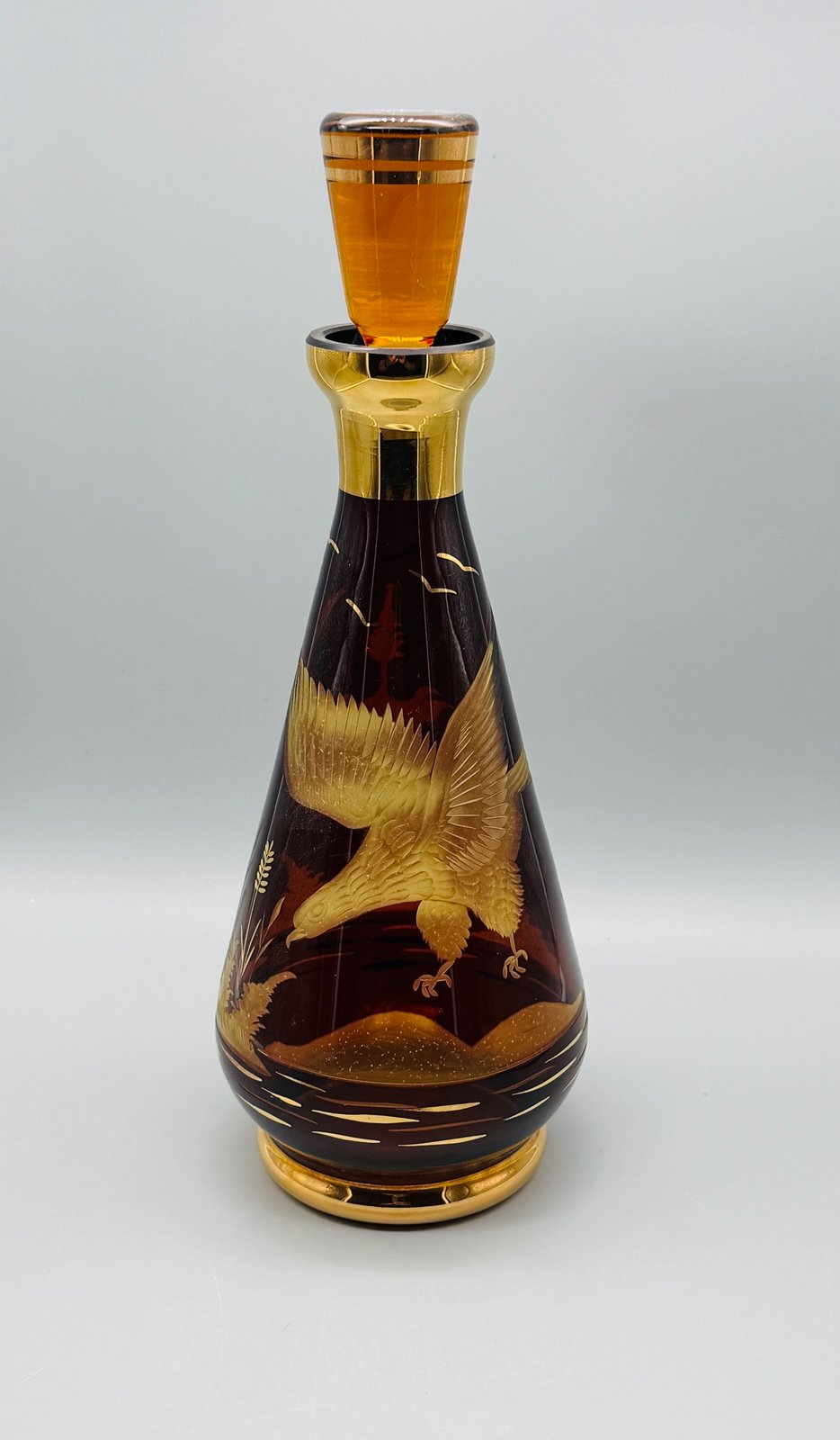 Egermann Czech Bohemian Hand Blown Amber Glass Etched Eagle in Flight.