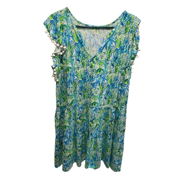 Lilly Puiltzer Lacie Tier Swing Dress Pom Pom Flutter Sleeve Out To Play XL