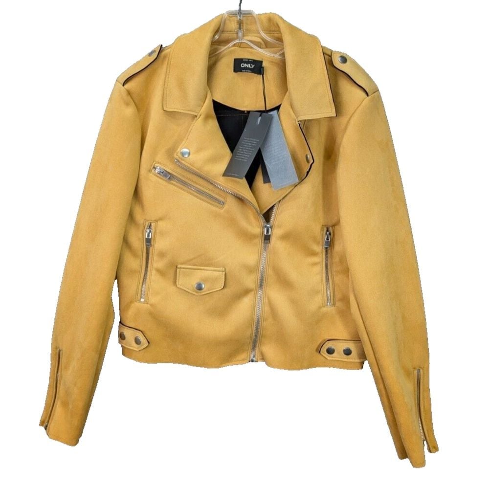 Only Our Story Faux Suede Jacket Bikers Moto Zip Pockets Yellow Women's 42 NWT