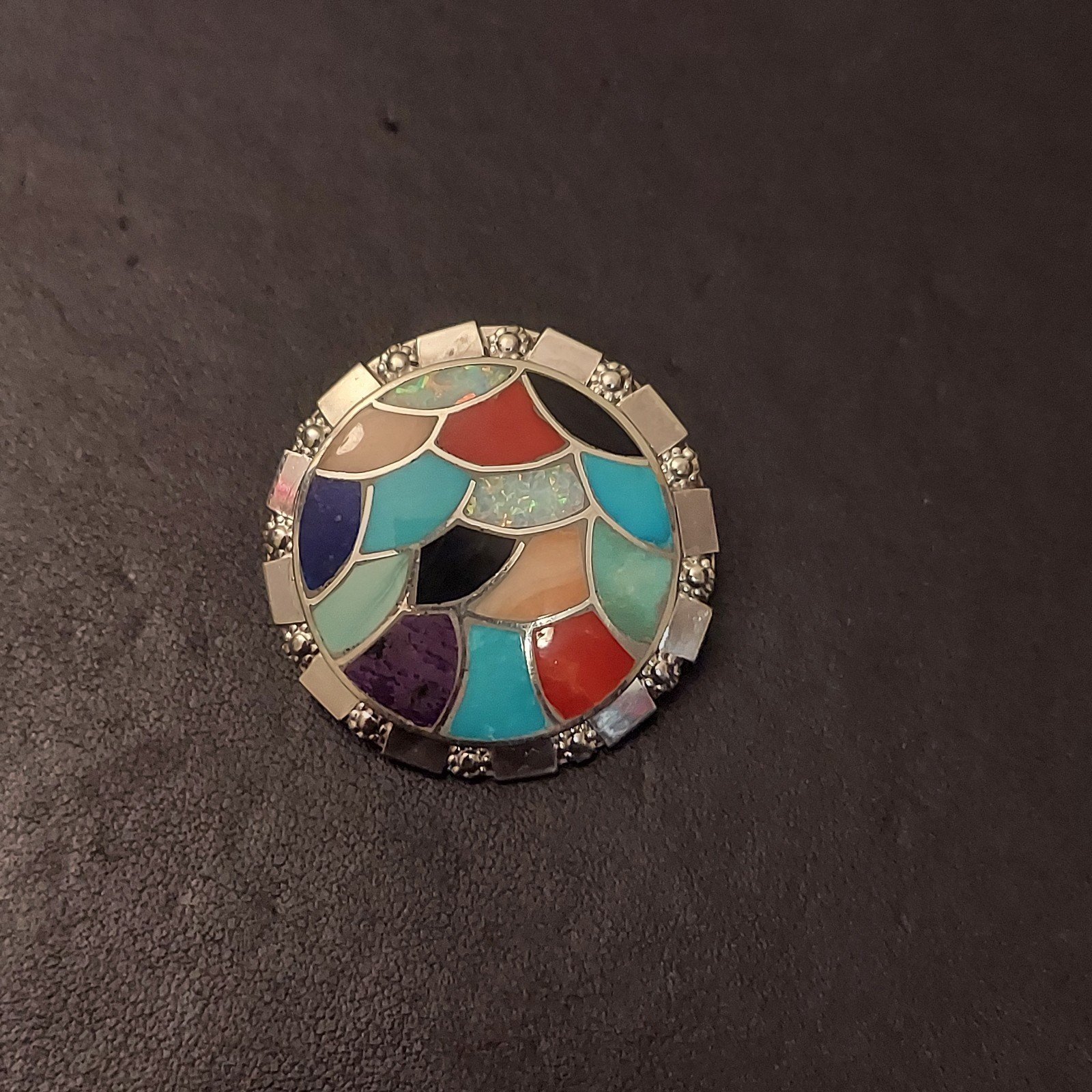 Chaloo Zuni Sterling Silver Opal Onyx Lapis Coral Turquoise Round Brooch Pendant