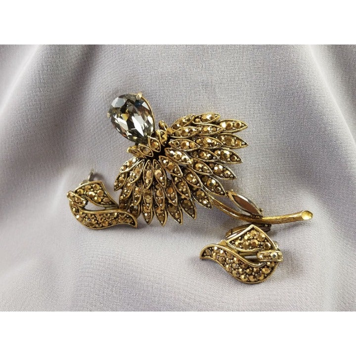 Pin and Earrings//Weiss Vintage Pave Gold Pyrite//Pronged crystal//Clip on