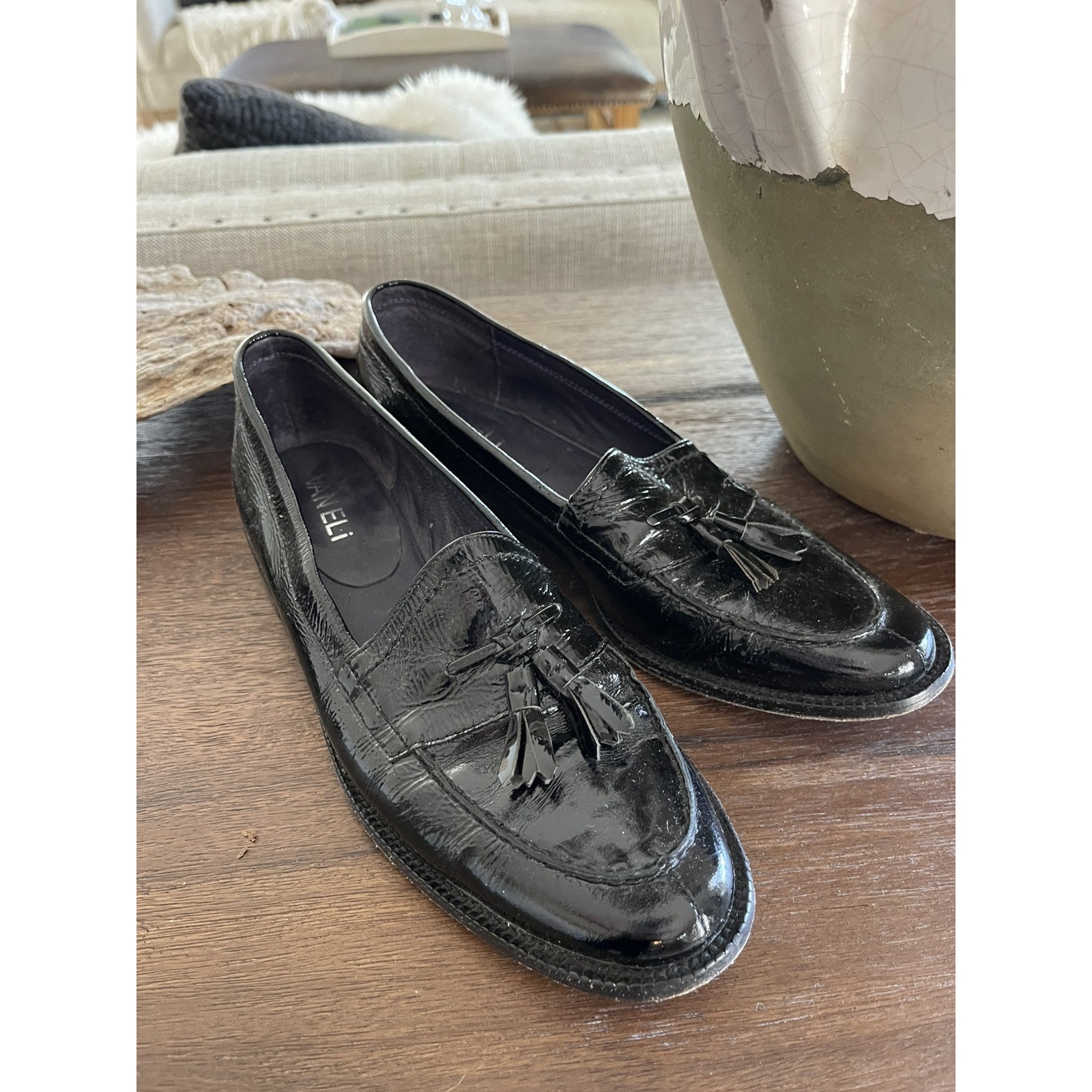 Vaneli Black Patent Leather Loafers with Tassels Women’s Slip-on Shoes Size 7.5
