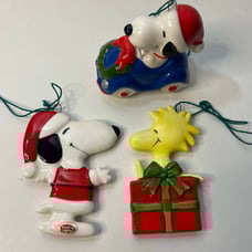 Bundle Of 3 Vintage Peanuts Ornaments - VW Snoopy, Snoopy, Woodstock -60s/70s