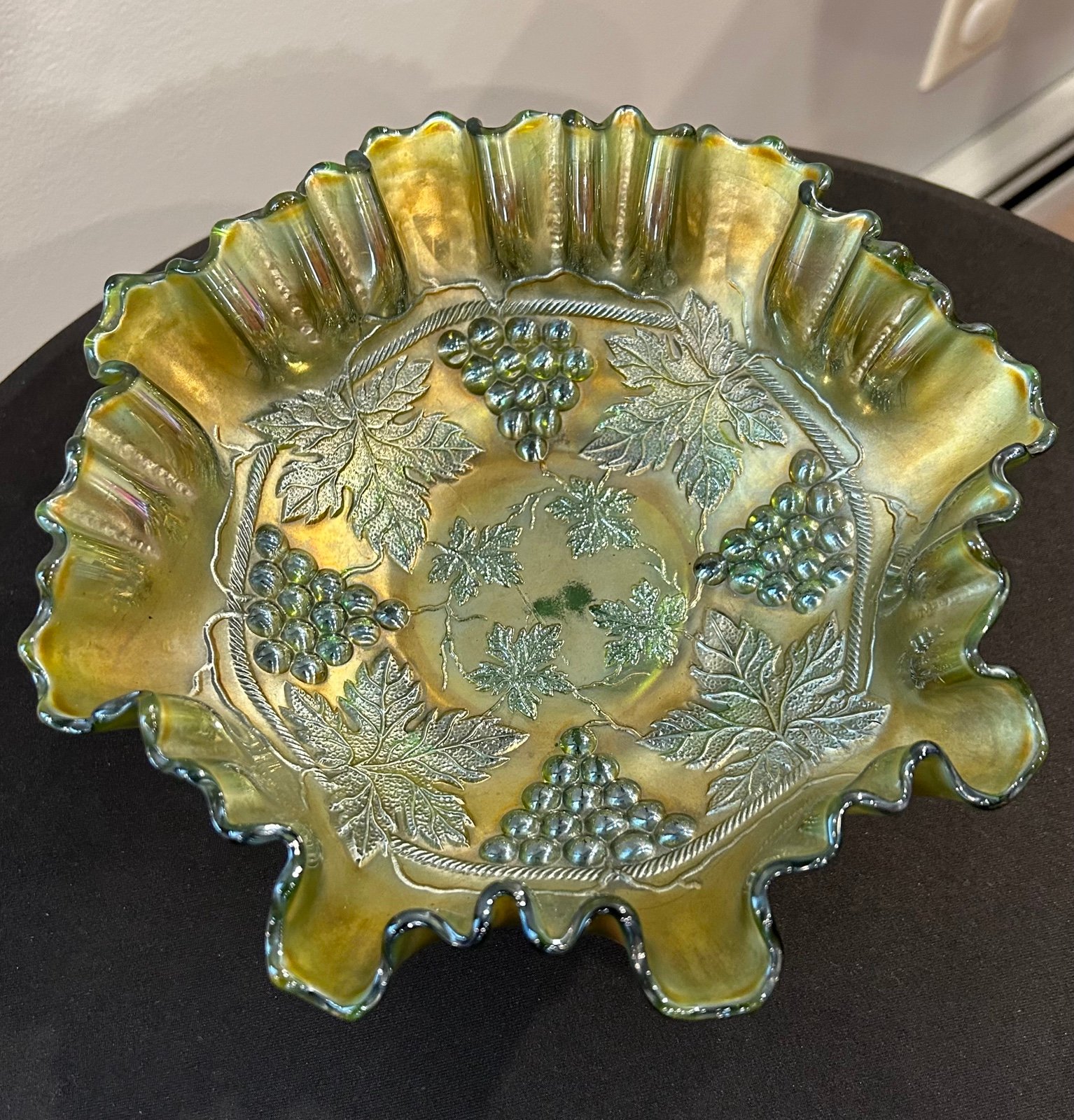 Fenton Carnival Glass Green Grape Footed Bowl