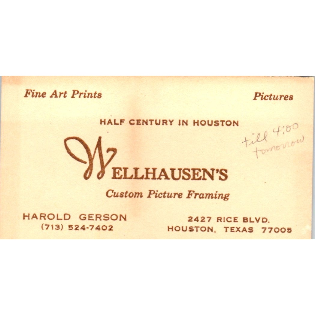 Wellhausen's Picture Framing Harold Gerson Houston Vintage Business Card SD4-B1