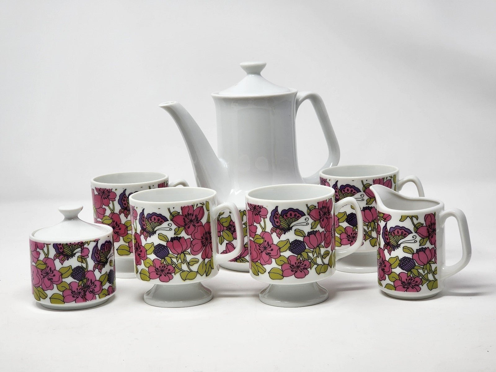 Vintage 60s 70s Porcelain Tea Set Pink Flowers And Butterflies Cups Teapot Sugar