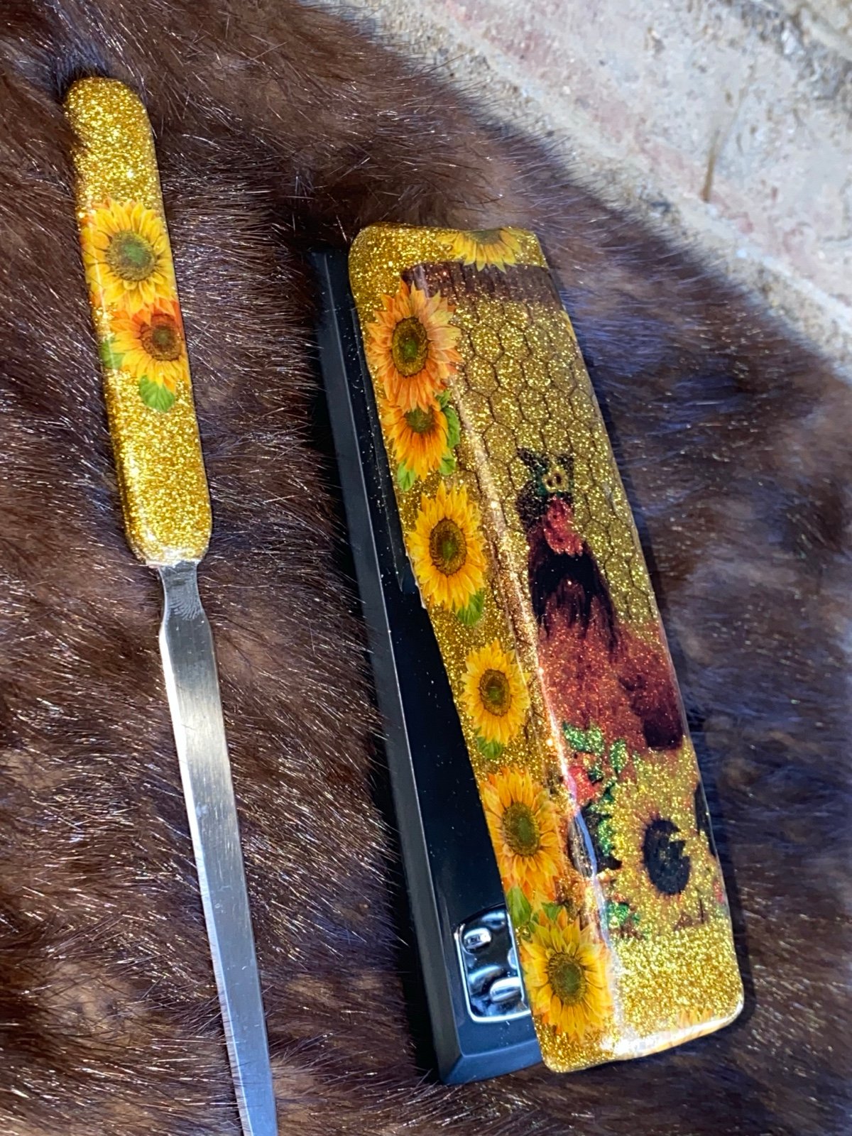 Epoxy Chicken /Sunflower Theme Stapler and Letter Opener