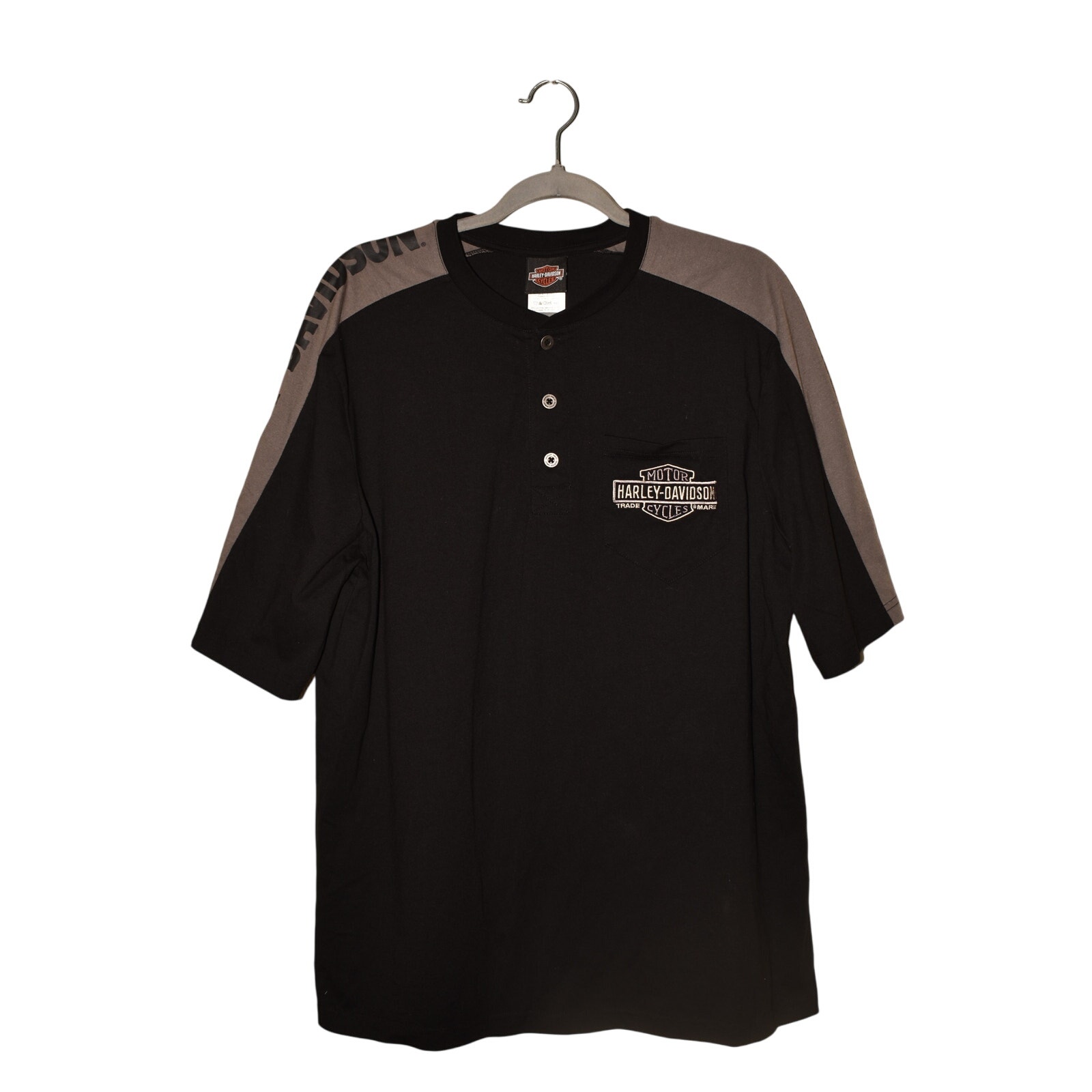 HARLEY DAVIDSON 75 Black Gray Short Sleeve Henley Shirt Spellout Logo Men's L