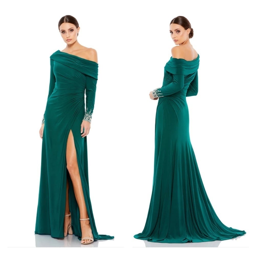 Size Mac Duggal 12231 NWT BEADED CUFF DROP SHOULDER FAUX WRAP GOWN