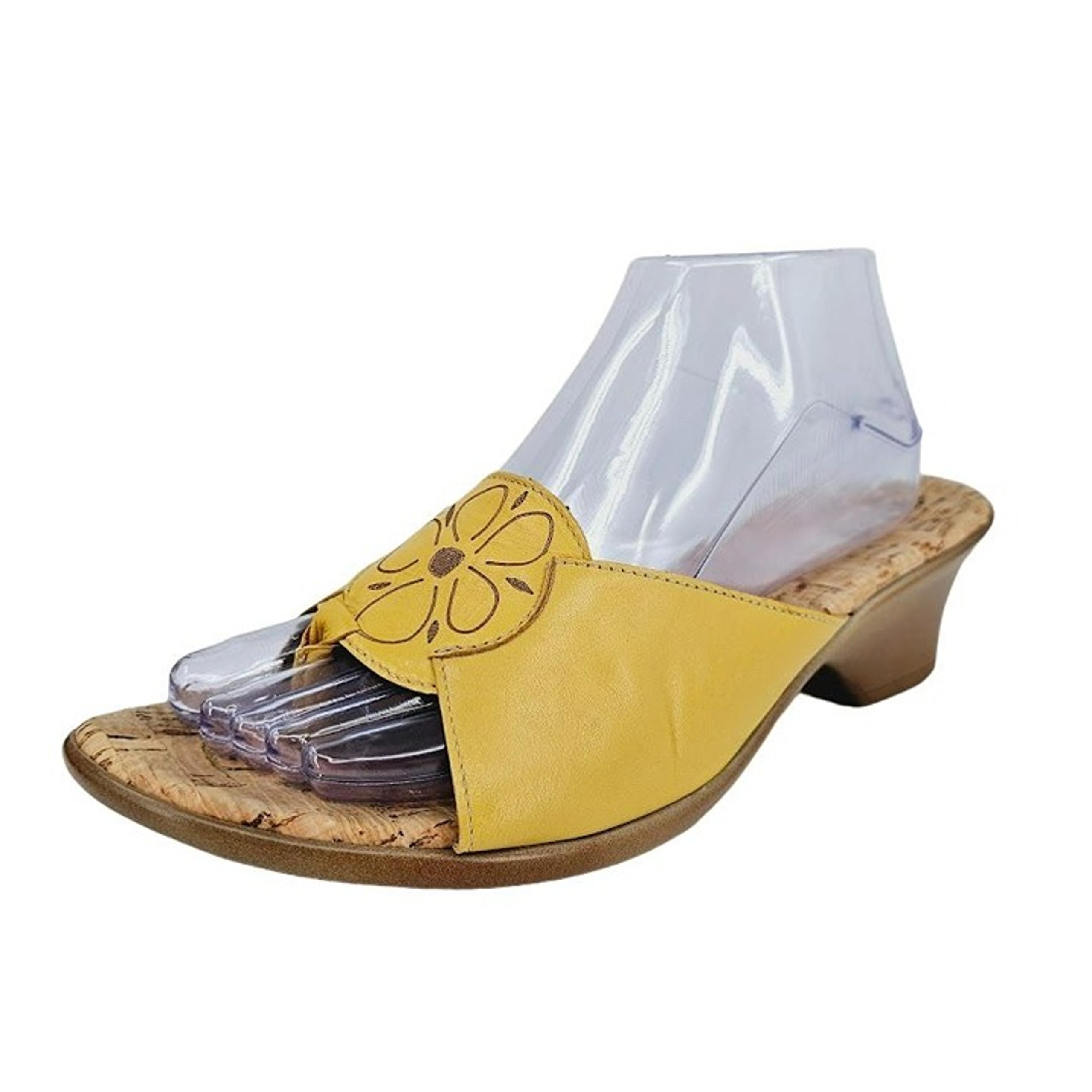 Munro Mule Sandals 11 Yellow Gold Leather Retro Slip On Thong Heeled Cork Floral